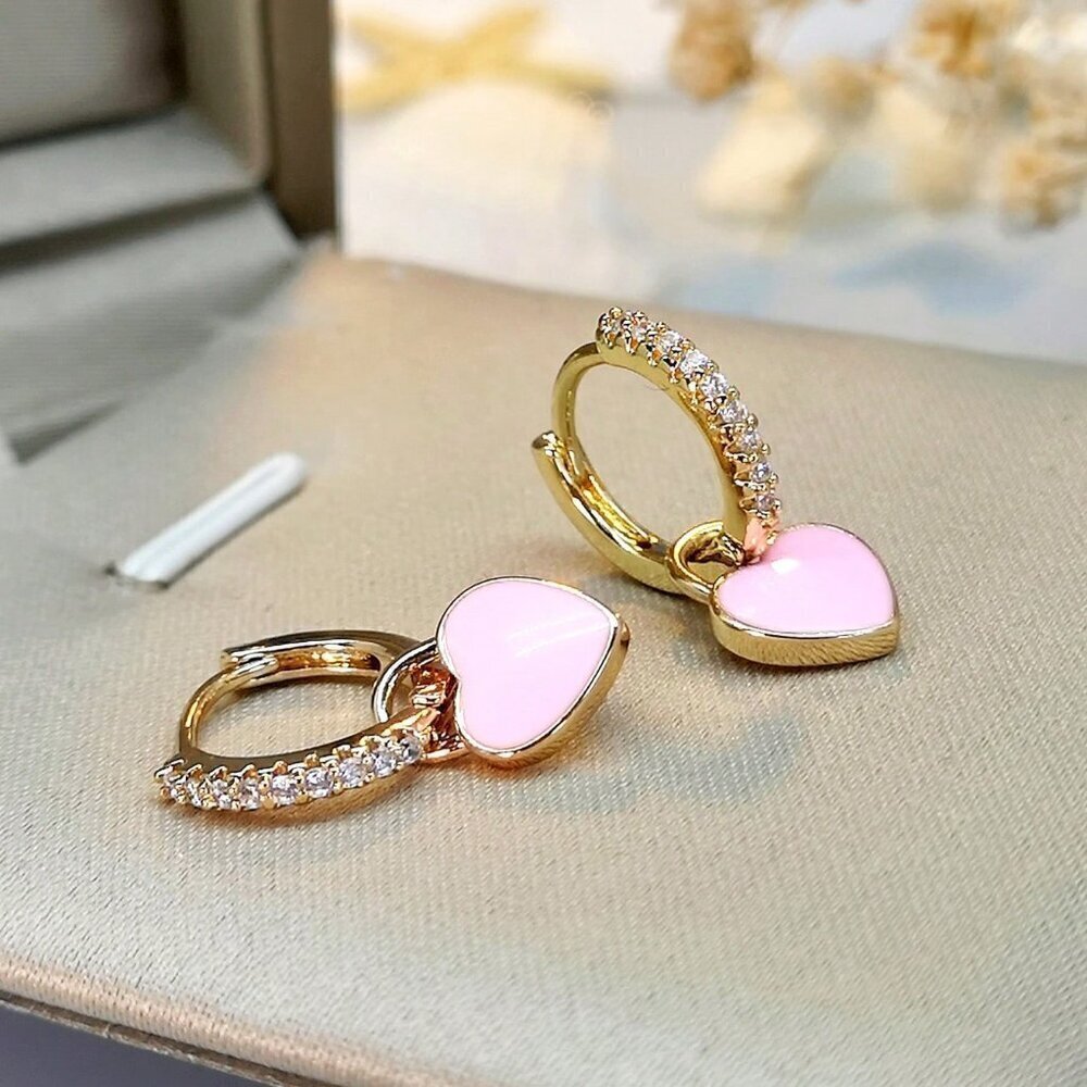 Pink Sexy Women's Cubic Zirconia Decor Heart Drop Earrings Valentines